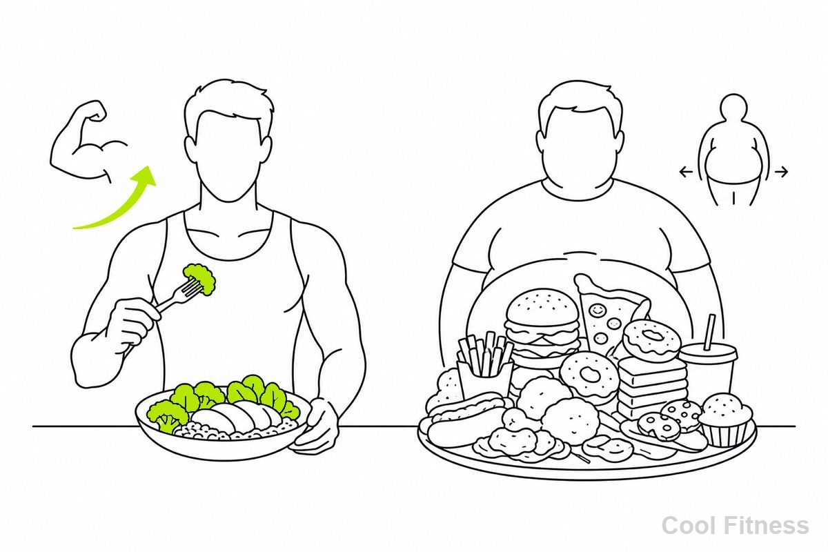適量の食事を少しずつ増やして筋肉をつける様子と、食べすぎて脂肪がつく様子を対比した線画イラスト。ゆるやかな増量をボルト色で強調