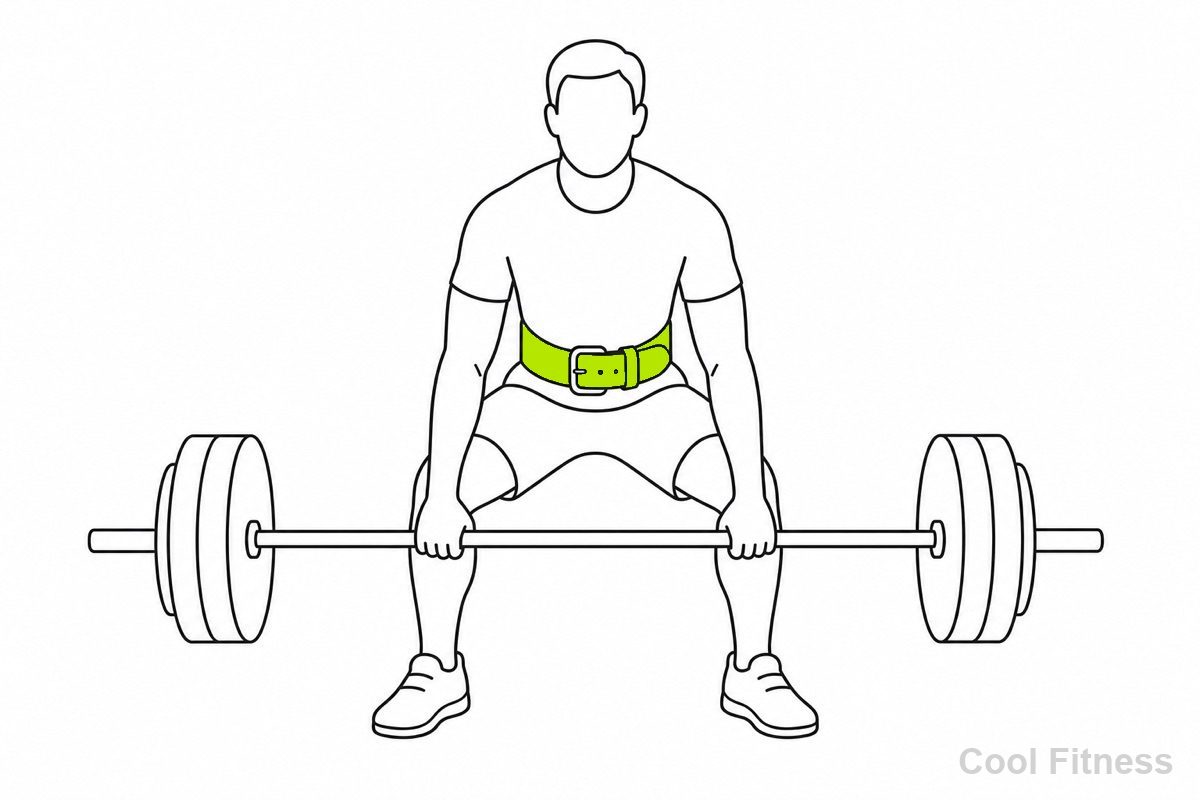 トレーニングベルトを腰に巻いてバーベルを構える人物の線画イラスト。ベルトをボルト色で強調