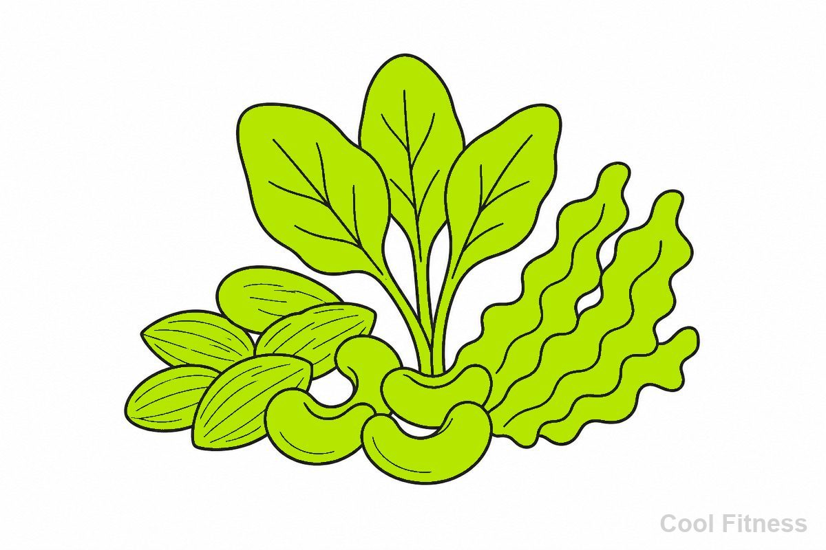 マグネシウムを多く含むナッツと葉物野菜を描いた線画イラスト。食材をボルト色で強調