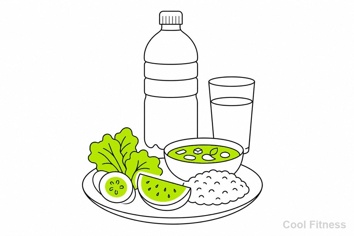 2リットルのペットボトルと、コップ・食事の皿を並べ、水分は食事からも摂れることを示す線画イラスト