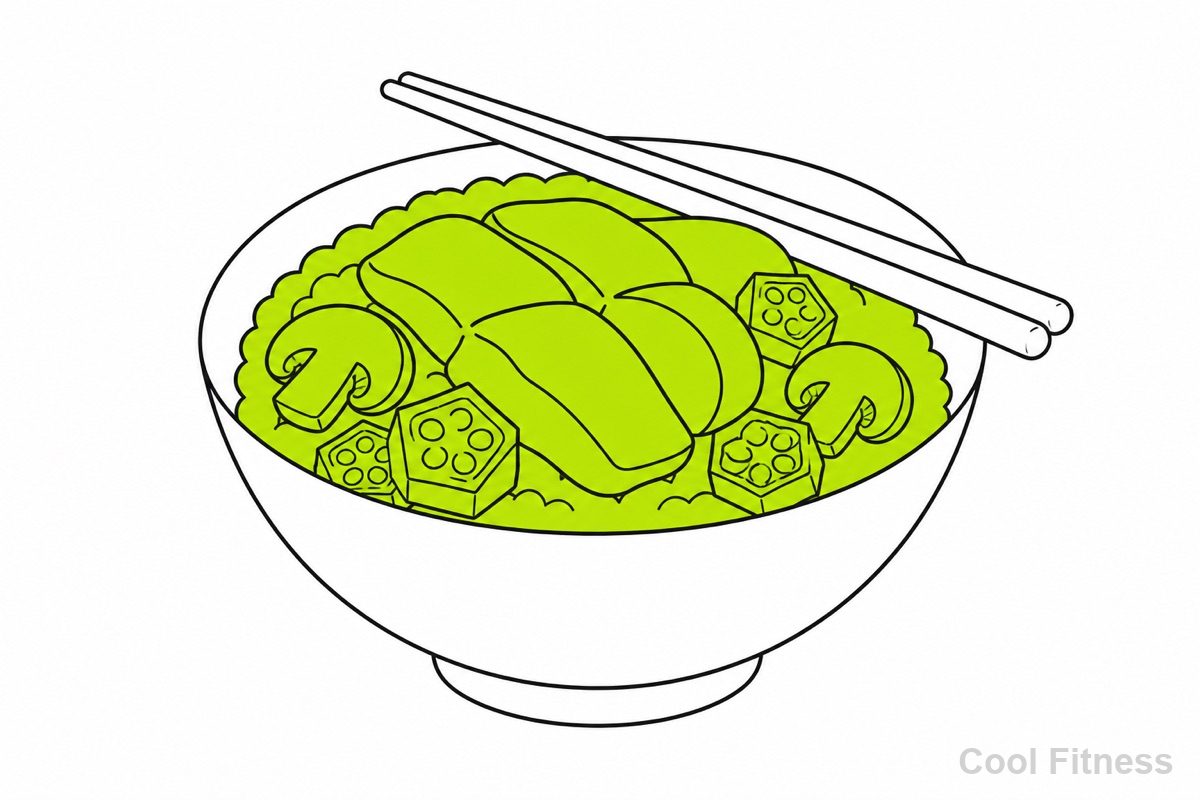 どんぶりのごはんに鶏むね肉と野菜をのせた線画イラスト。丼の中身をボルト色で強調