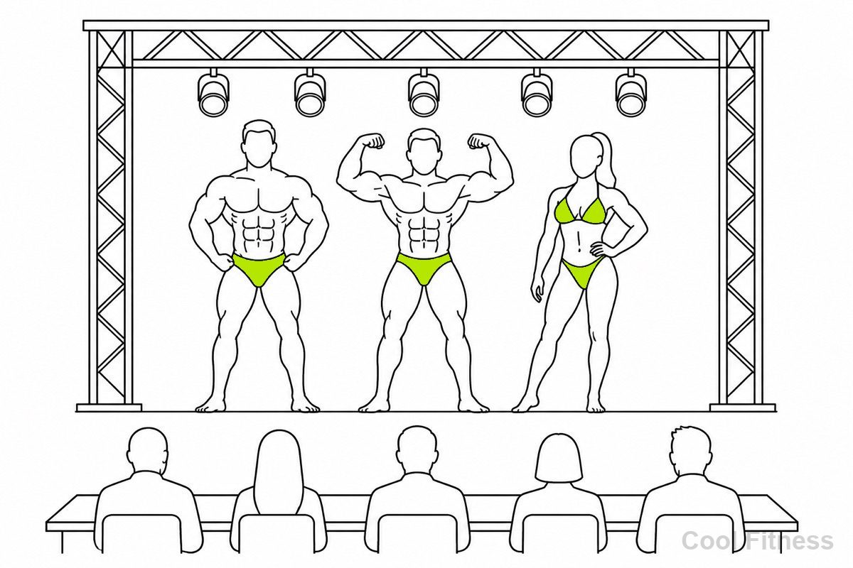 コンテストのステージで横一列に並んでポーズをとる3人の選手と、手前に座る審査員を描いた線画イラスト