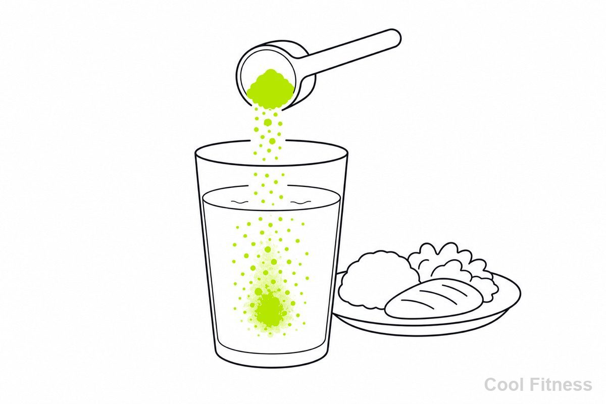 食事の前に難消化性デキストリンの粉末を飲み物に溶かす様子の線画イラスト。粉末をボルト色で強調