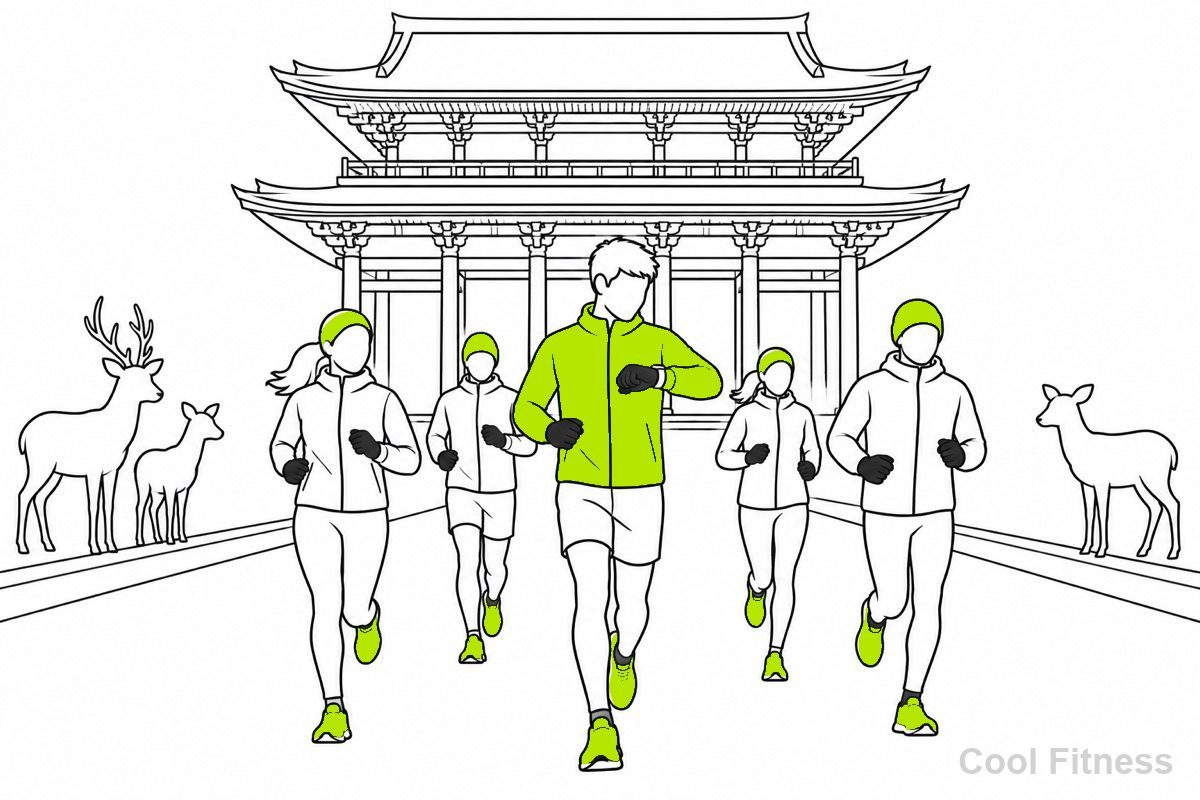 二層の屋根を持つ古い門を背にした広い道を、手袋やニット帽の冬のウェアを着たランナーの集団が走り、道の両側で数頭のシカが見ている線画イラスト。先頭のランナーが腕時計でペースを確かめている