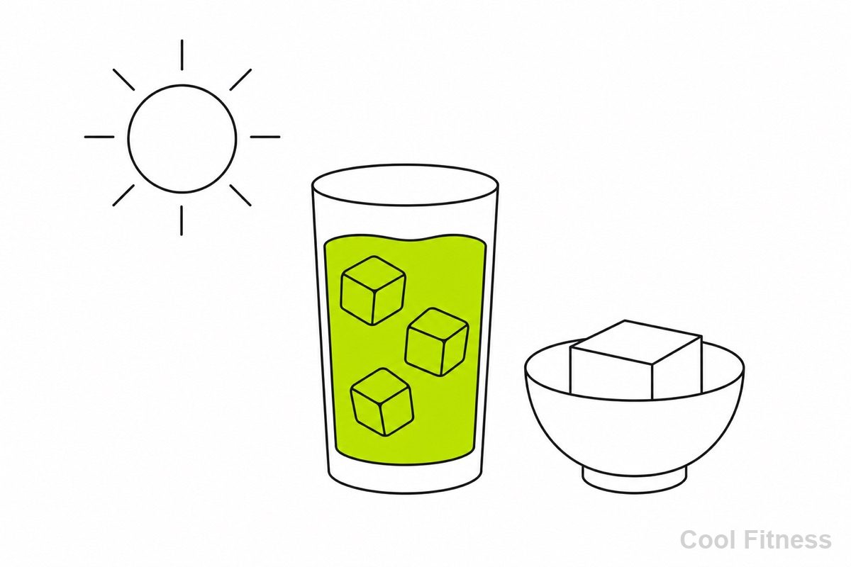 太陽・氷入りの冷たいプロテインドリンク・豆腐を描いた線画イラスト。ドリンクをボルト色で強調