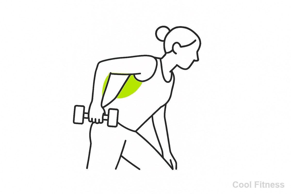 ダンベルでキックバックをする人のイラスト。二の腕の裏（上腕三頭筋）をボルト色でハイライト