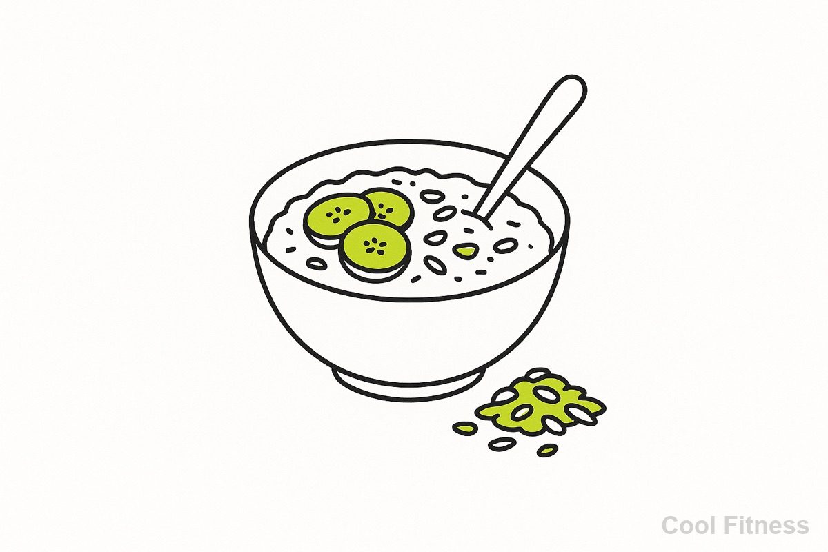 スプーンとトッピングを添えたオートミールのボウルと、オーツ麦のイラスト