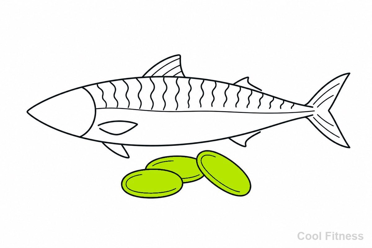 青魚とフィッシュオイルのカプセル、オメガ3を表したアイコンの線画イラスト