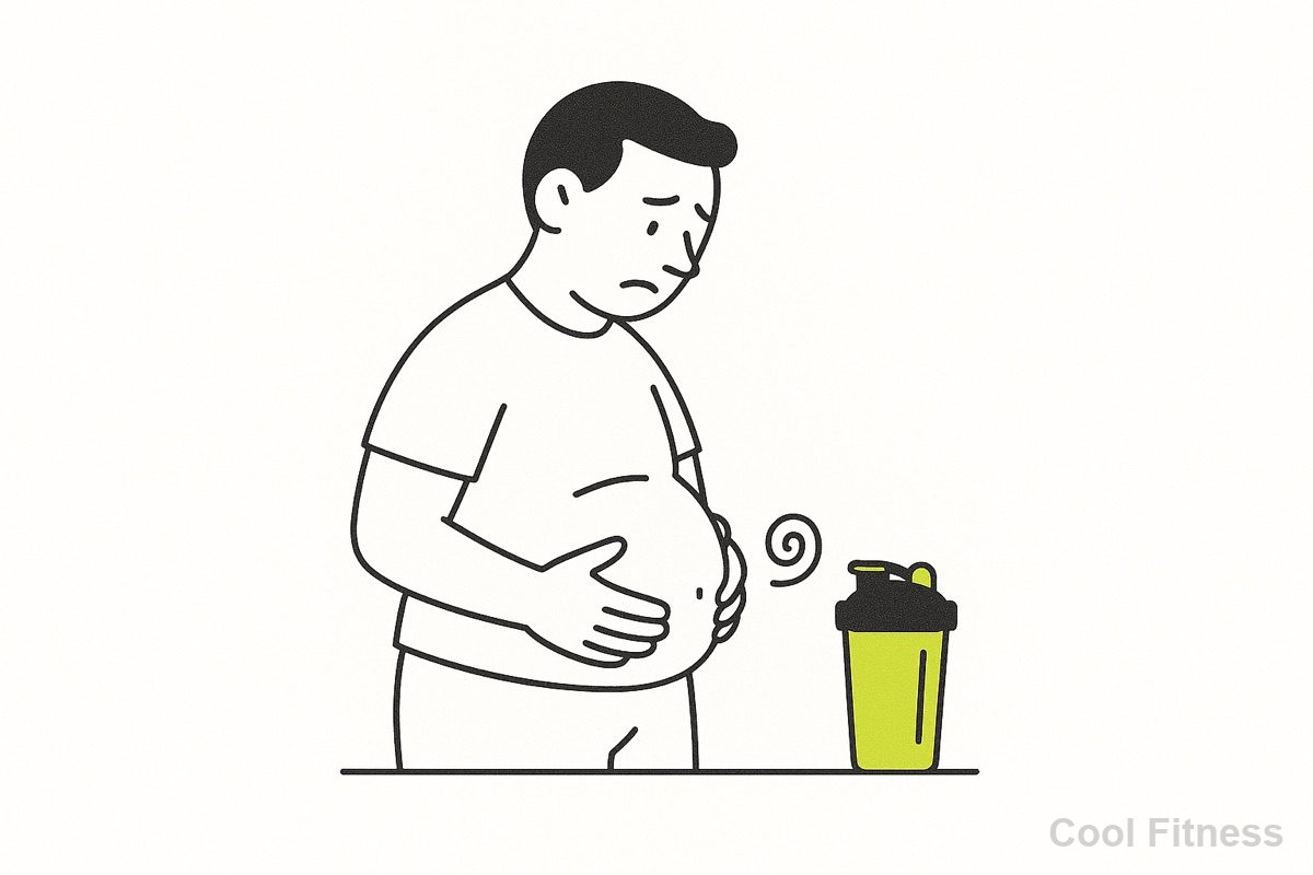 お腹の張りをおさえる人と、そばに置かれたプロテインシェイカーのイラスト