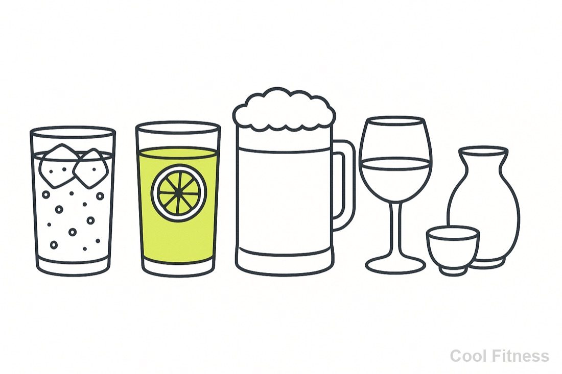 ハイボール・レモンサワー・ビール・ワイン・日本酒のイラスト。糖質の低いレモンサワーをボルトカラーで強調