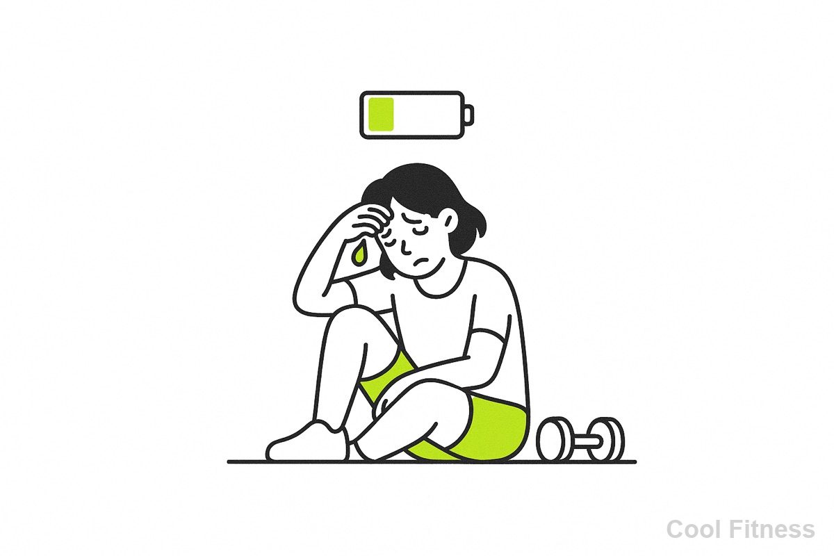 トレーニング後に疲れて座り込む人と、残量が少なくなったバッテリーのイラスト