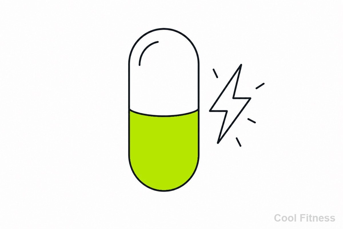 カフェインのサプリカプセルとエネルギーを表す線画イラスト。カプセルをボルト色で強調