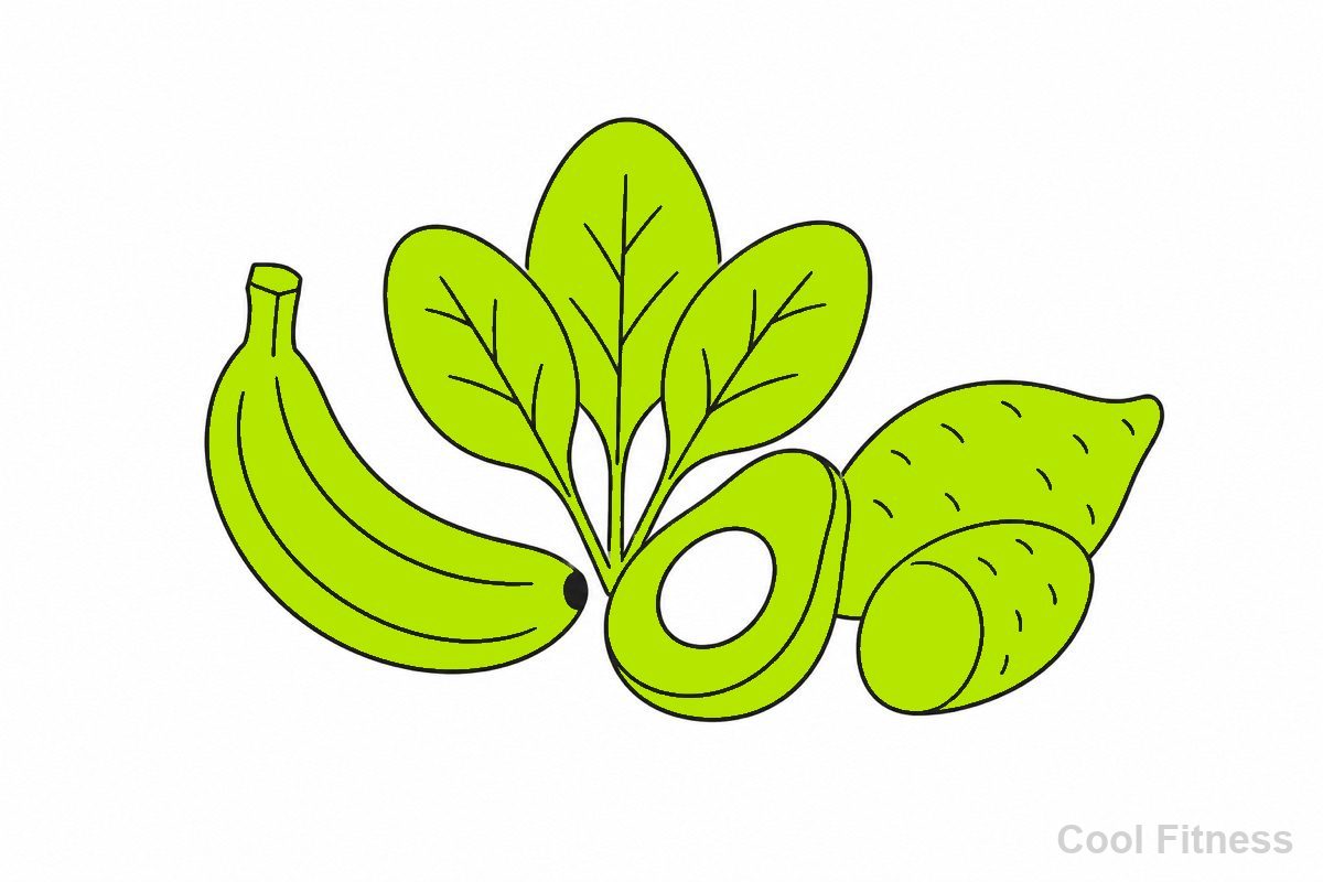 バナナ・ほうれん草・いもなどカリウムを多く含む食材の線画イラスト。食材をボルト色で強調