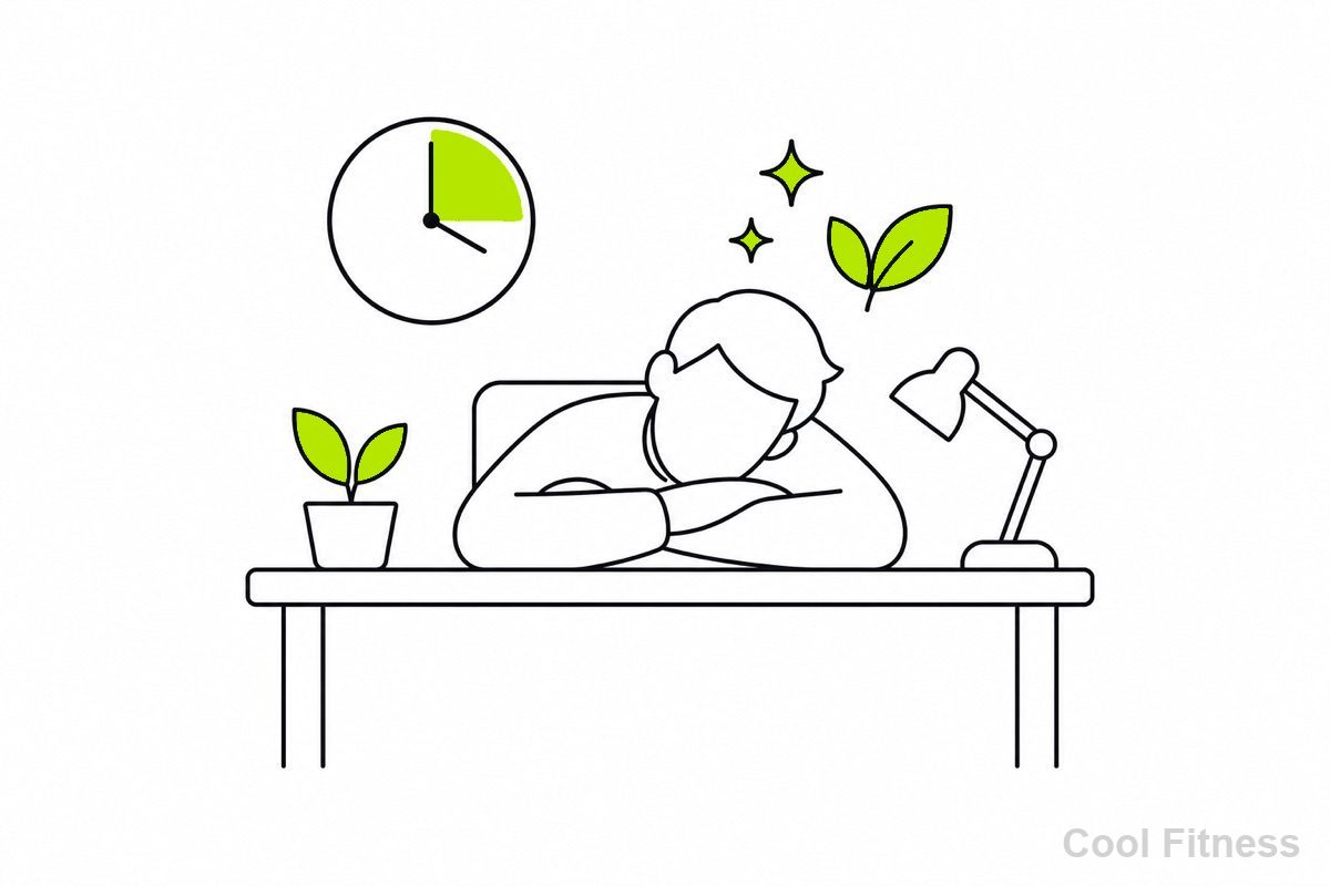 机で15分の仮眠をとる人物と時計を描いた線画イラスト。すっきり感をボルト色で強調