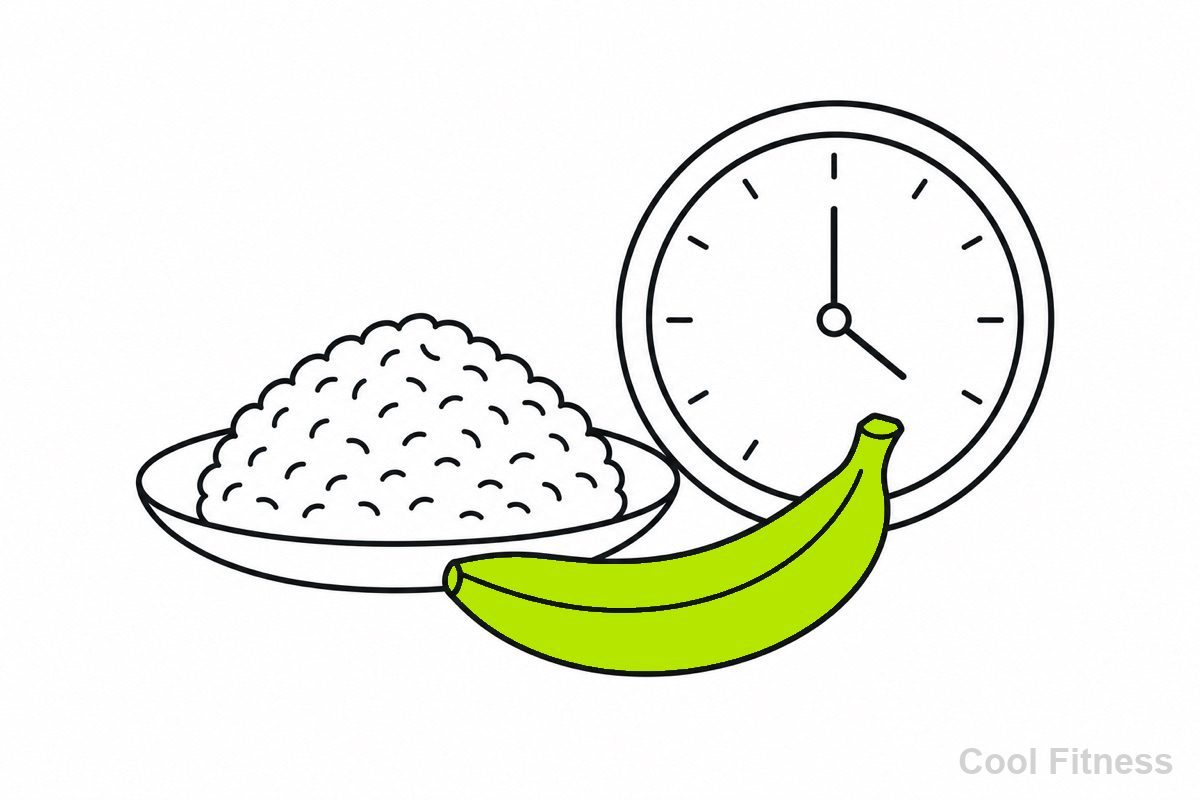 トレーニングの前に炭水化物中心の食事をとる様子を時計とともに描いた線画イラスト。エネルギー源をボルト色で強調