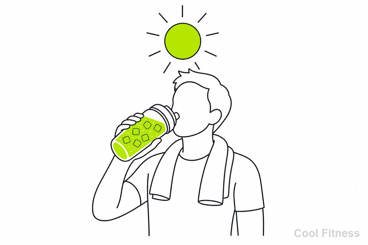 太陽の下でシャーベット状の飲み物を飲む人の線画イラスト。飲み物をボルト色で強調