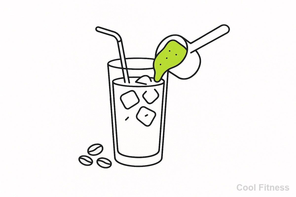 アイスコーヒーのグラスに、ボルト色のプロテインパウダーをすくって加えるイラスト