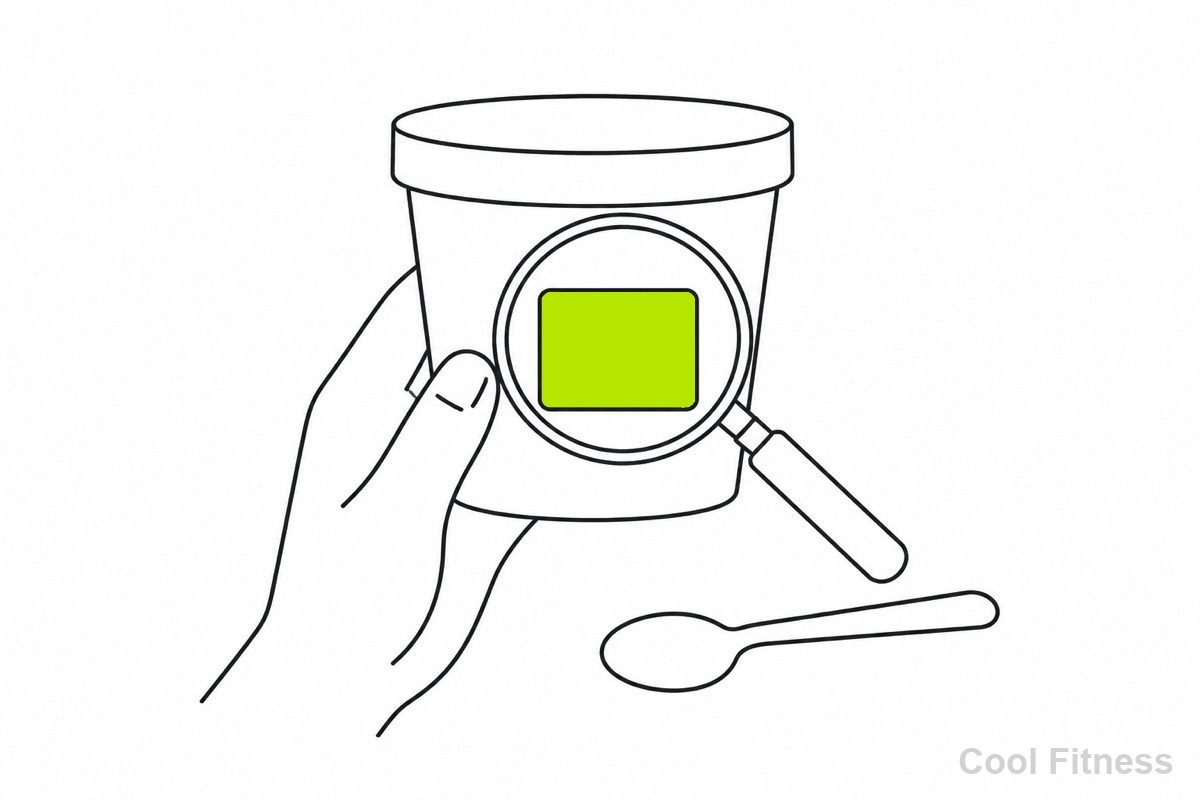 アイスのカップを裏返して一括表示欄を虫めがねで見ている手の線画イラスト。表示欄をボルト色でハイライト