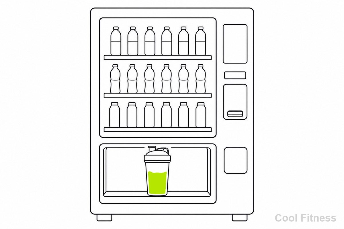 プロテインのカップが出てくる自動販売機の線画イラスト。ドリンクをボルト色で強調
