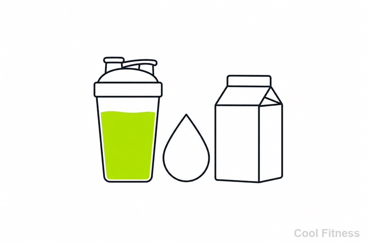 プロテインシェイカー・水滴・牛乳パックの線画イラスト。シェイカーの中身をボルト色で強調