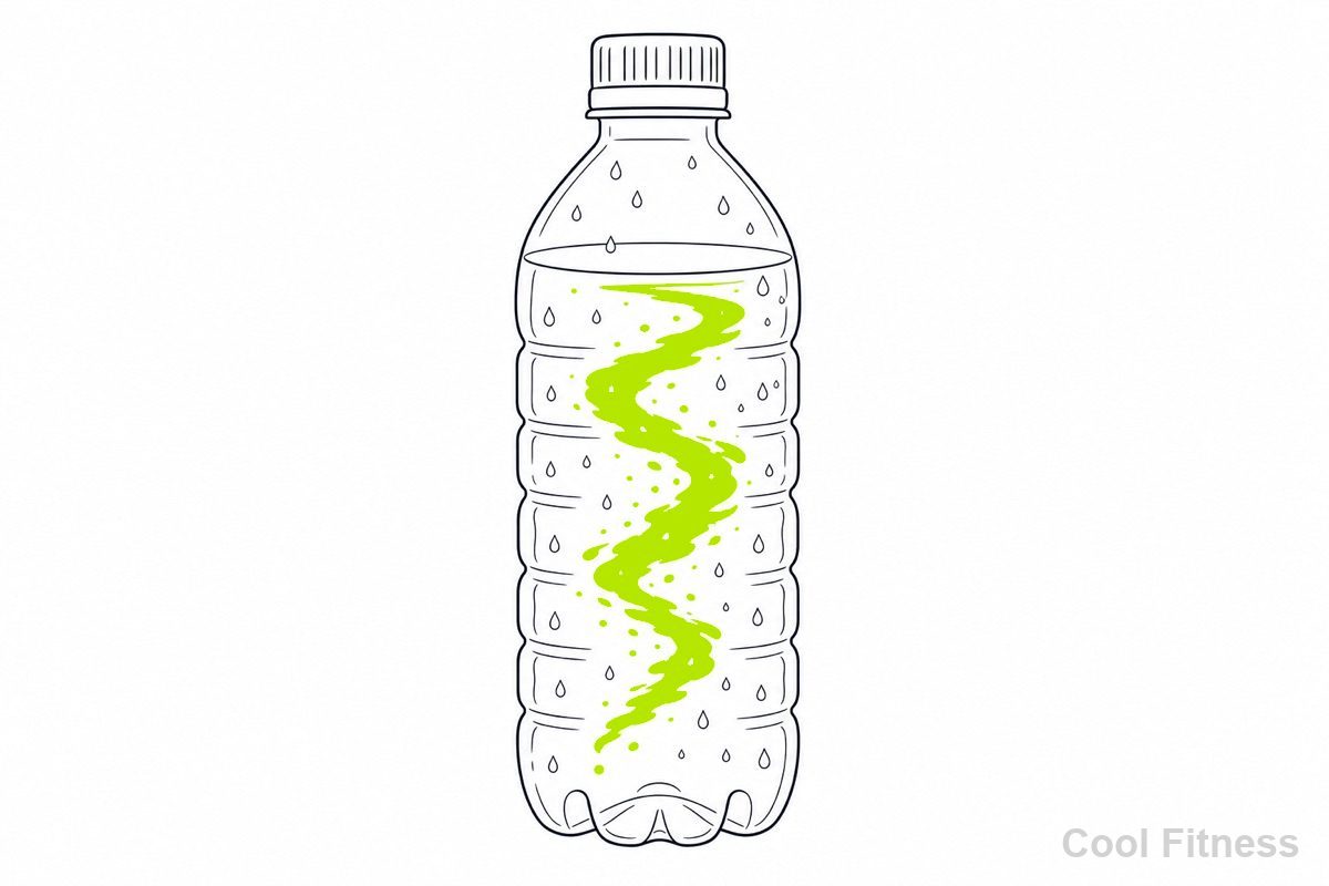 水滴のついた透明なペットボトルの線画イラスト。中身の水をボルト色でハイライト