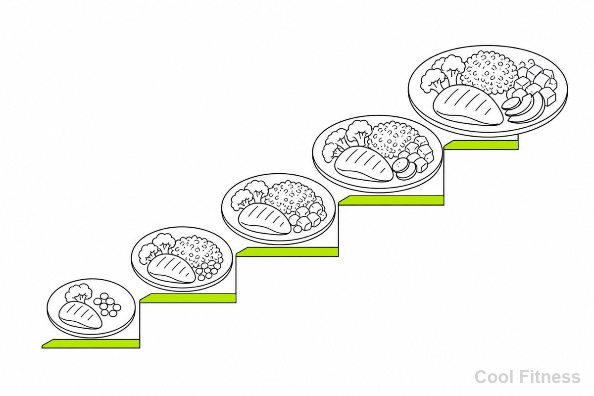 階段を一段ずつ上るように少しずつ増える食事量を表す線画イラスト。上り階段をボルト色で強調
