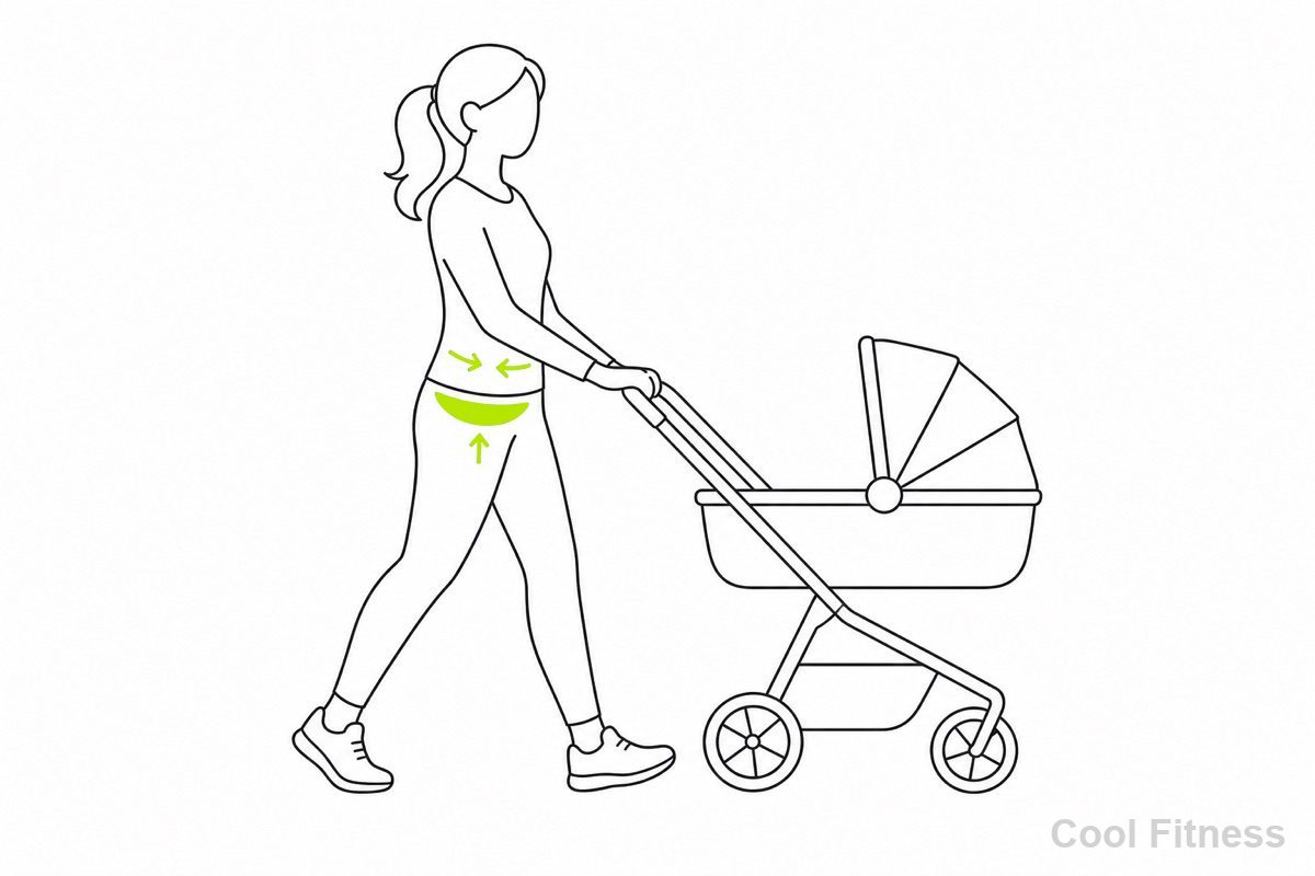 産後に骨盤底筋やウォーキングから無理なく運動を始める様子を示した線画イラスト