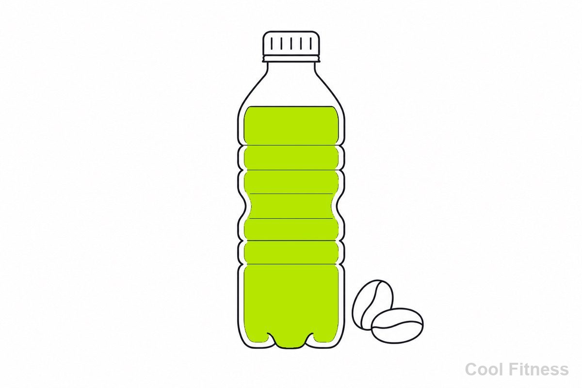 コーヒー飲料のボトルとコーヒー豆を描いた線画イラスト。ドリンクをボルト色で強調