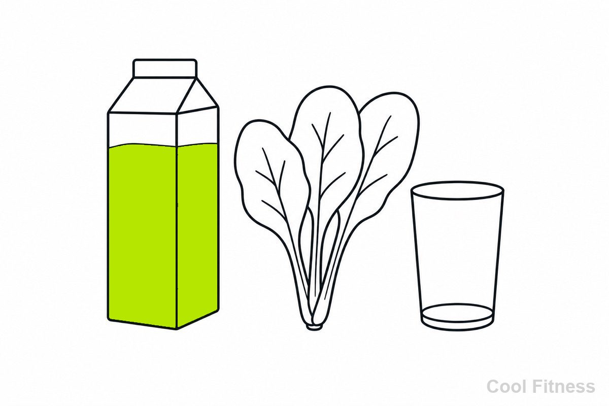 緑のプロテインドリンクと葉物野菜の線画イラスト。ドリンクをボルト色で強調