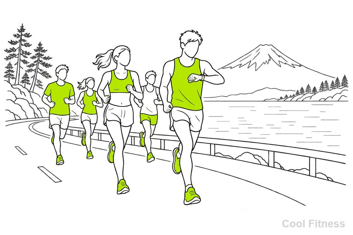 針葉樹が立つ海沿いの平らな道を、ランニングシャツ姿で走るランナーの集団。湾の向こうに雪をかぶった円すい形の山が見え、先頭のランナーが腕時計を確かめている線画イラスト