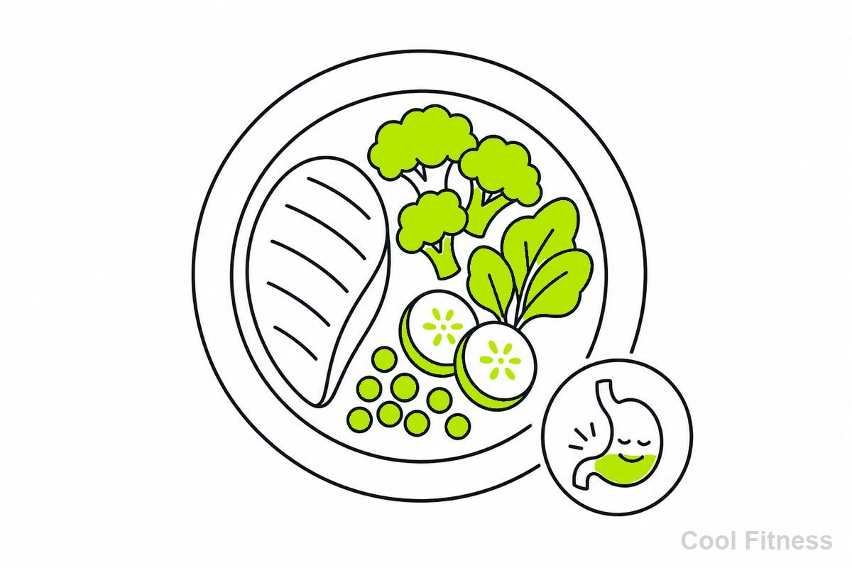 満腹感を高める食事（たんぱく質・野菜）と、抑えられた食欲を表す線画イラスト