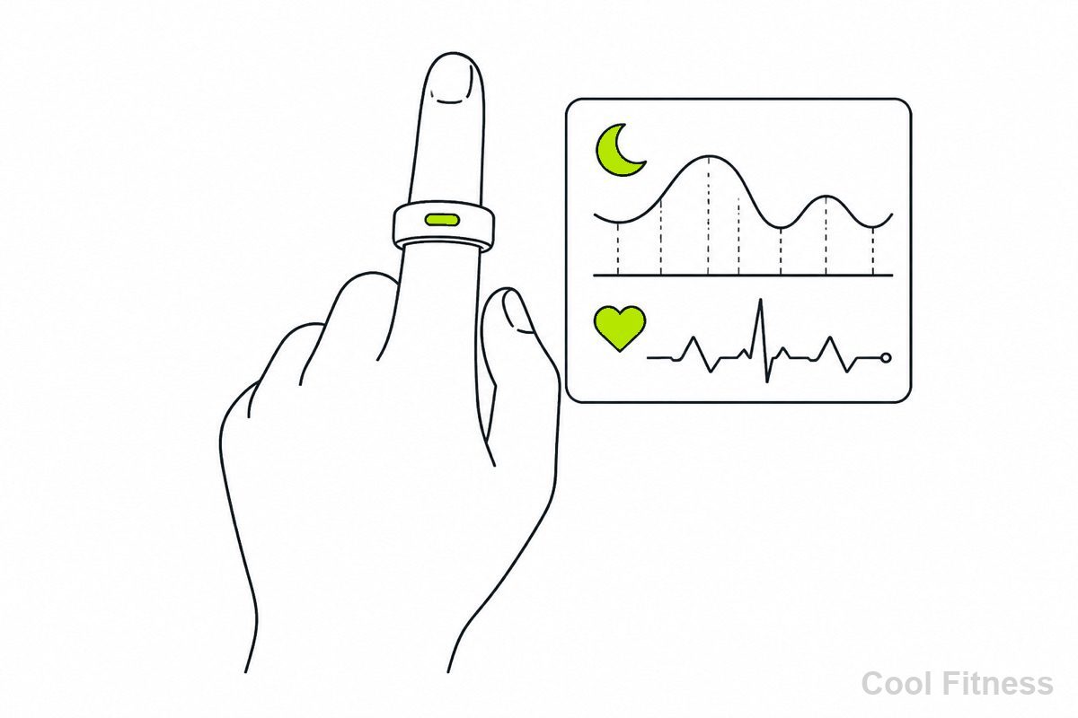 スマートリングをはめた手のクローズアップと、睡眠と心拍の推移を表す簡潔なグラフを描いた線画イラスト。リングと波形をボルト色で強調