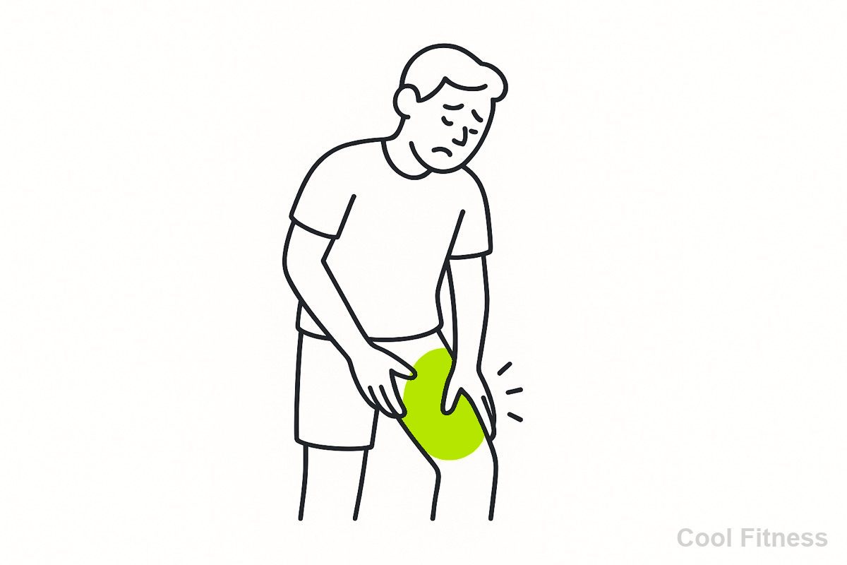 太ももの筋肉痛をおさえる人のイラスト。痛む部位をボルト色で表示
