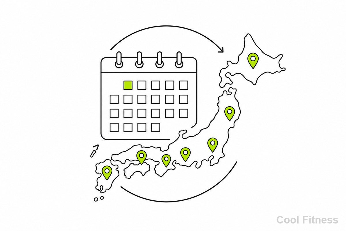 カレンダーと日本地図に複数の会場ピンを立てた、年間スケジュールを表す線画イラスト