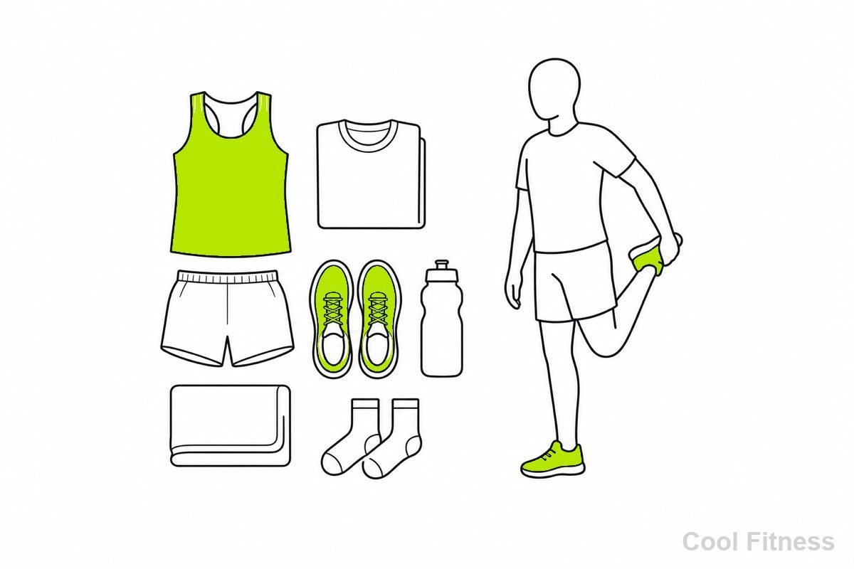 レース前日に持ち物を準備し、当日の朝にウォームアップする人の線画イラスト