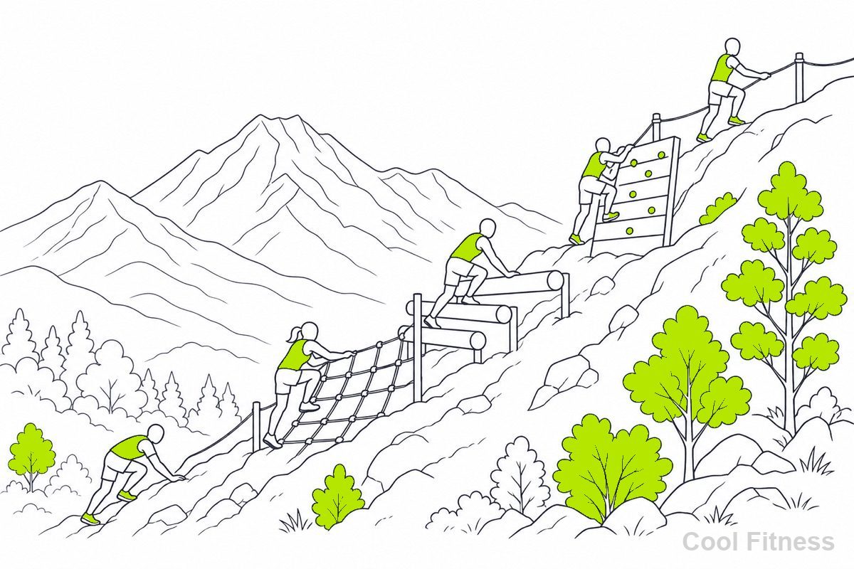 妙高の山並みと紅葉を背景に、急な山岳コースを登る障害物レース参加者の線画イラスト