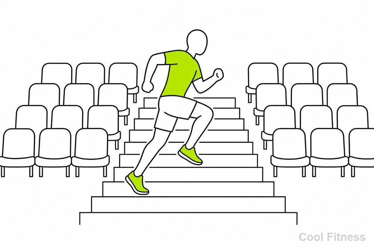 スタジアムのスタンドの階段を駆け上がる障害物レース参加者と観客席の線画イラスト