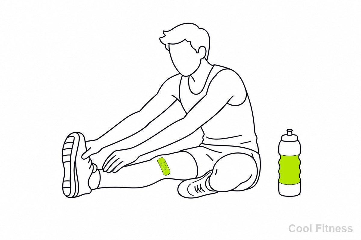 レース後にストレッチをし、擦り傷に絆創膏を貼りながら水分補給する人の線画イラスト