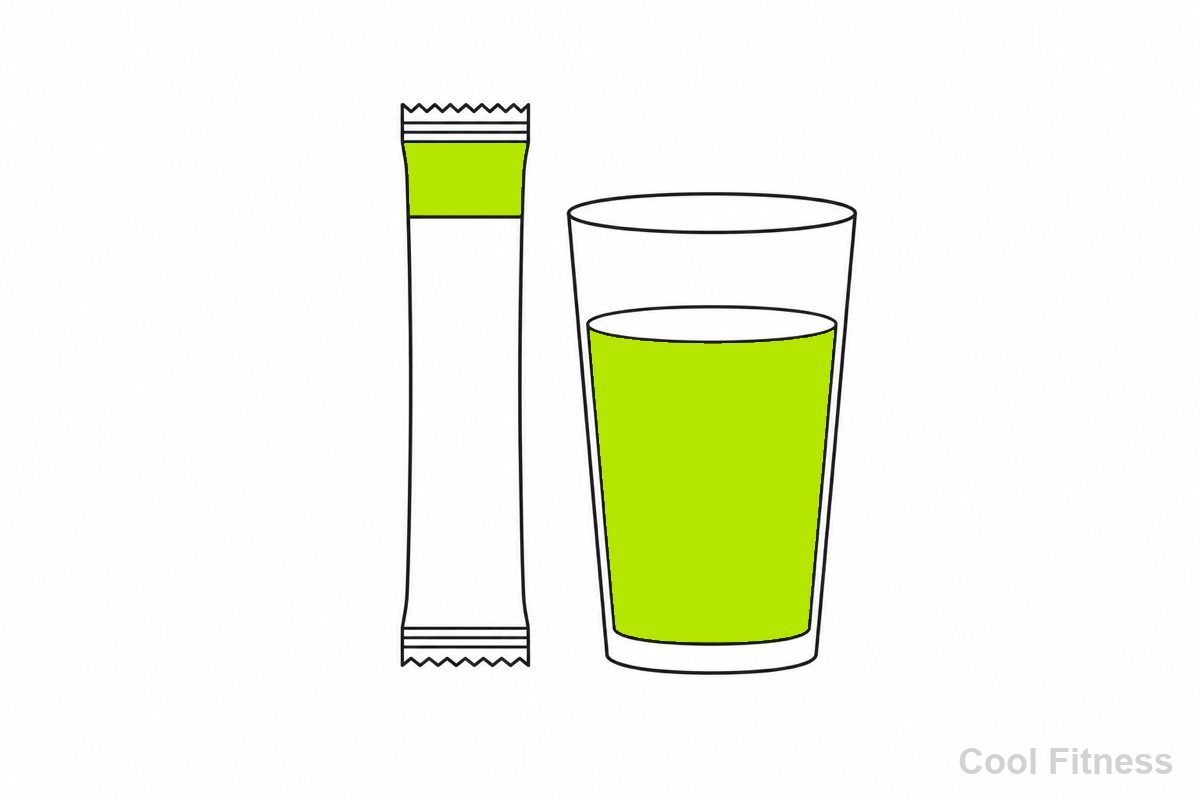スティック状のプロテインパッケージとグラス1杯の水を描いた線画イラスト。スティックをボルト色で強調