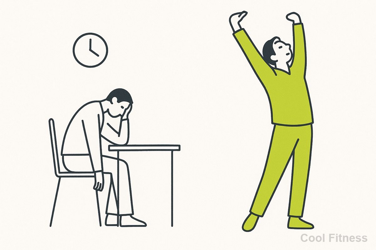 長時間デスクに座る人と、立ち上がって伸びをする人を対比したイラスト