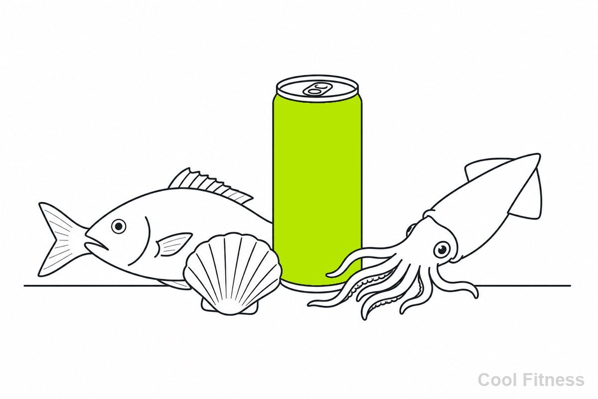 エナジードリンクの缶と、タウリンを多く含む貝・魚介を並べた線画イラスト