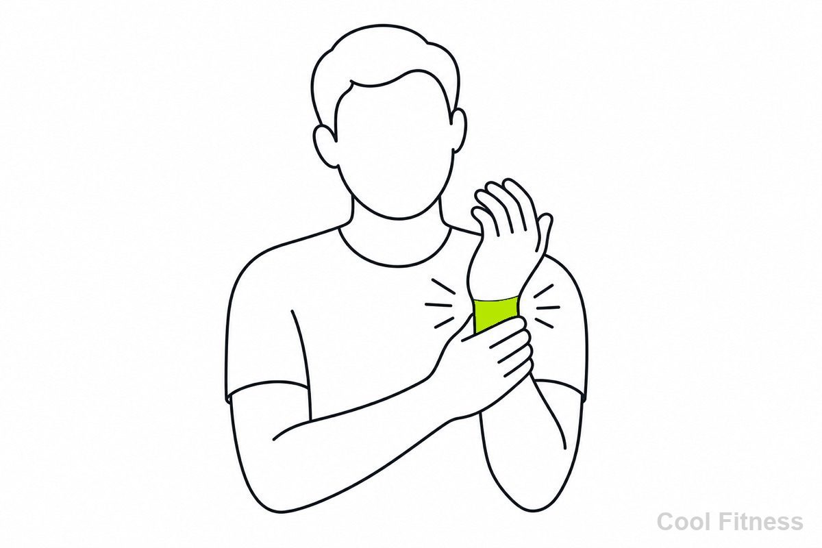 手首を押さえて痛みを確かめる人物の線画イラスト。手首をボルト色で示す