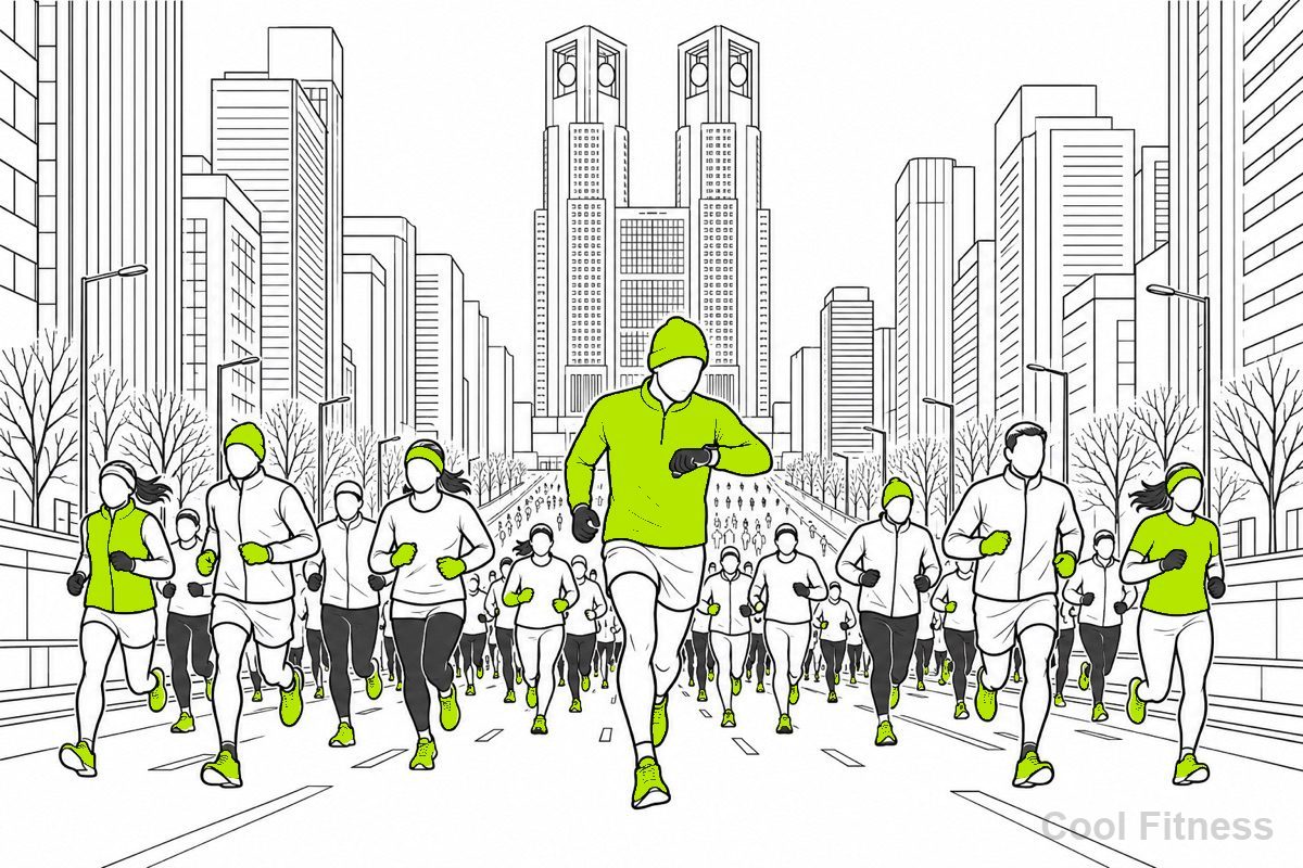 高層ビルの並ぶ広い大通りを、冬のランニングウェアの集団が走り出していく線画イラスト。背後に二つの塔を持つ庁舎が見え、先頭のランナーが腕時計でペースを確かめている