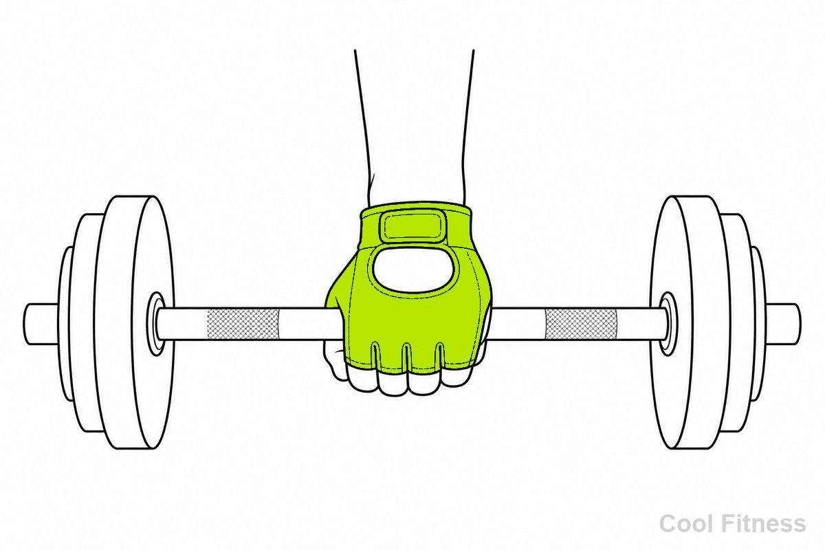 トレーニンググローブを着けた手でバーベルを握る線画イラスト。グローブをボルト色で強調