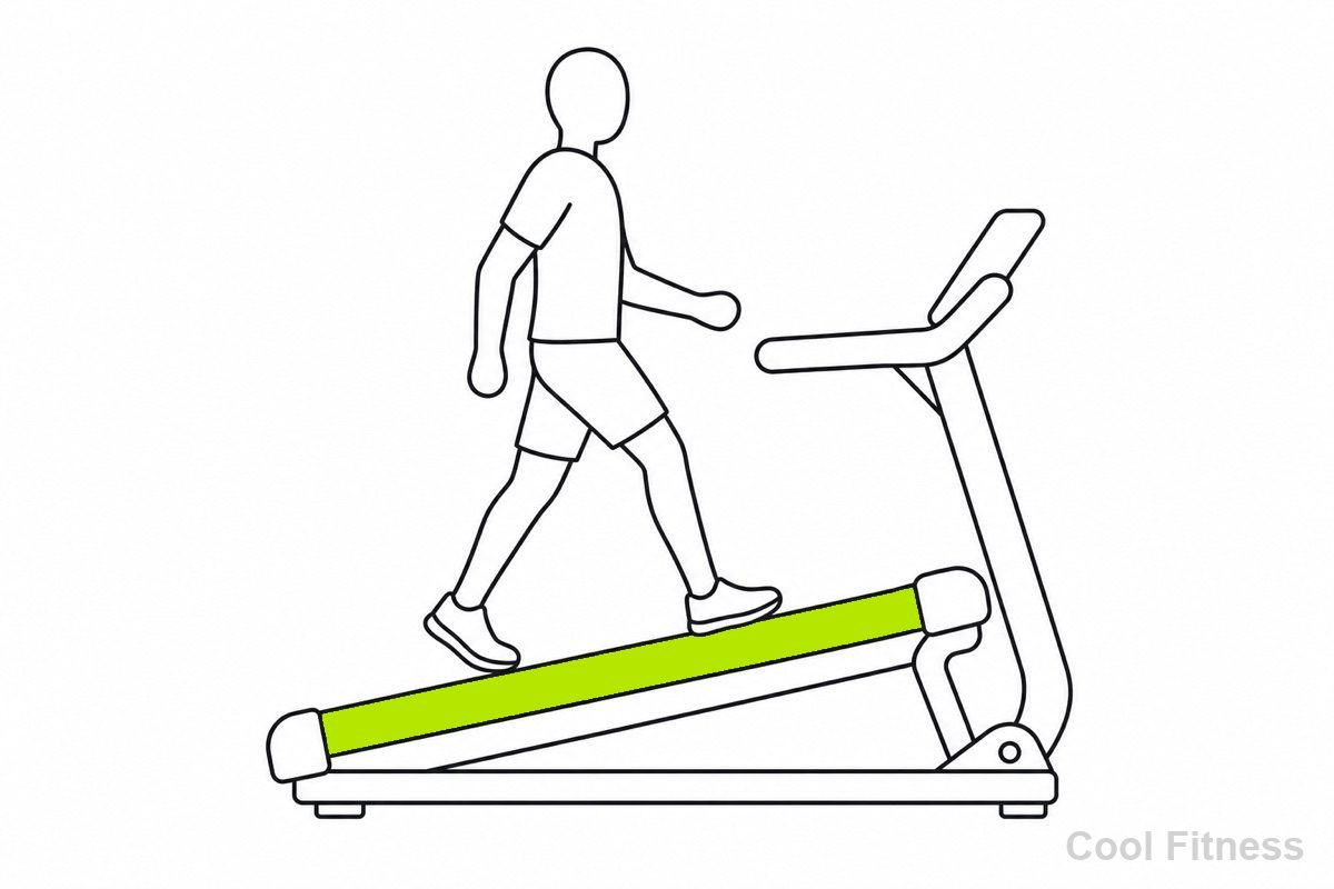 傾斜をつけたトレッドミルを歩く人物の線画イラスト。ベルト部分をボルト色で強調