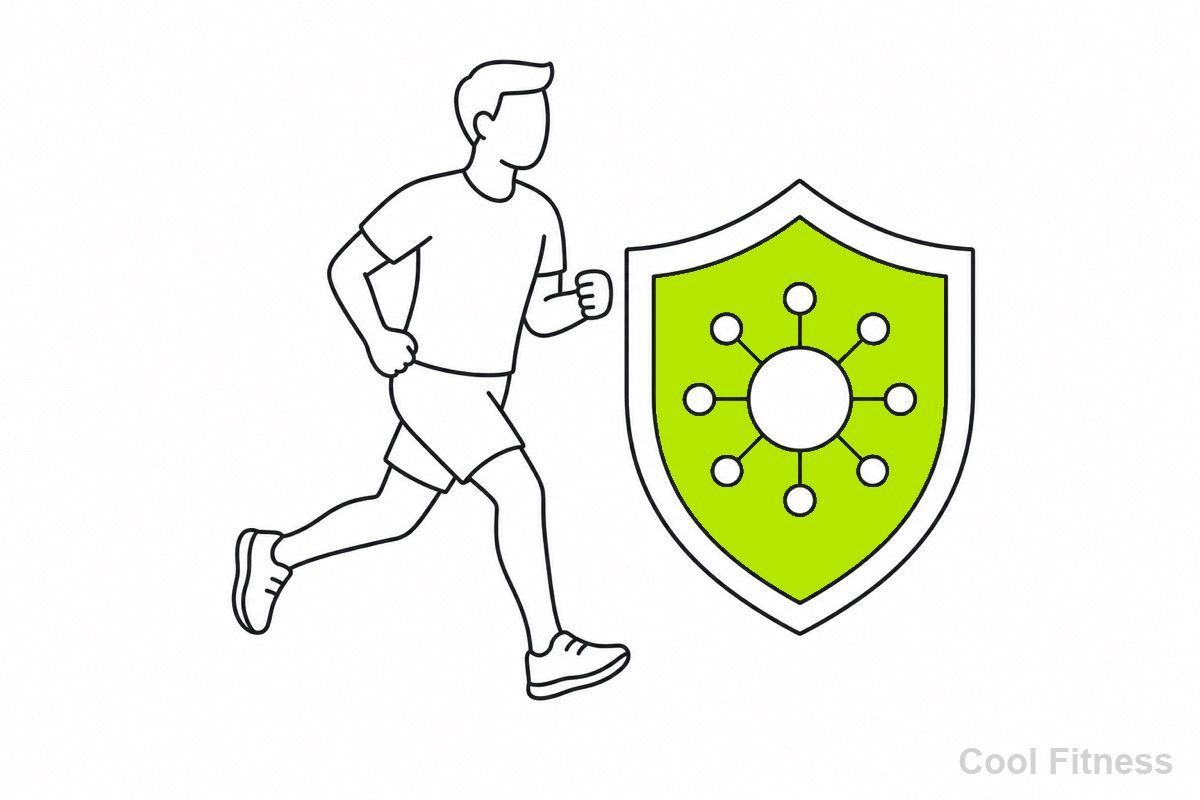 運動する人と、免疫を表す盾、上下する曲線で適度とやりすぎの関係を表した線画イラスト