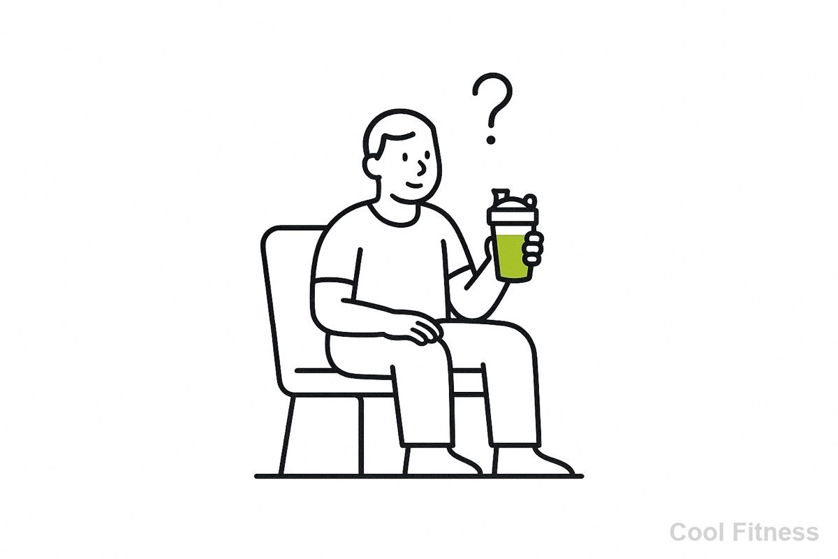 椅子に座ってプロテインシェイカーを手に「？」を浮かべる人のイラスト