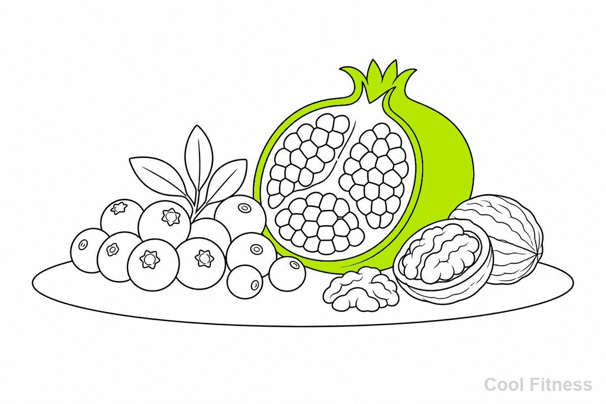 ザクロとベリー、くるみを描いた線画イラスト。ウロリチンAのもとになる食材をボルト色で強調
