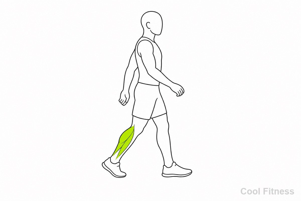 後ろ向きに歩く人物を横から見た線画イラスト。後ろに出した脚とふくらはぎ・すねの筋肉をボルト色で強調