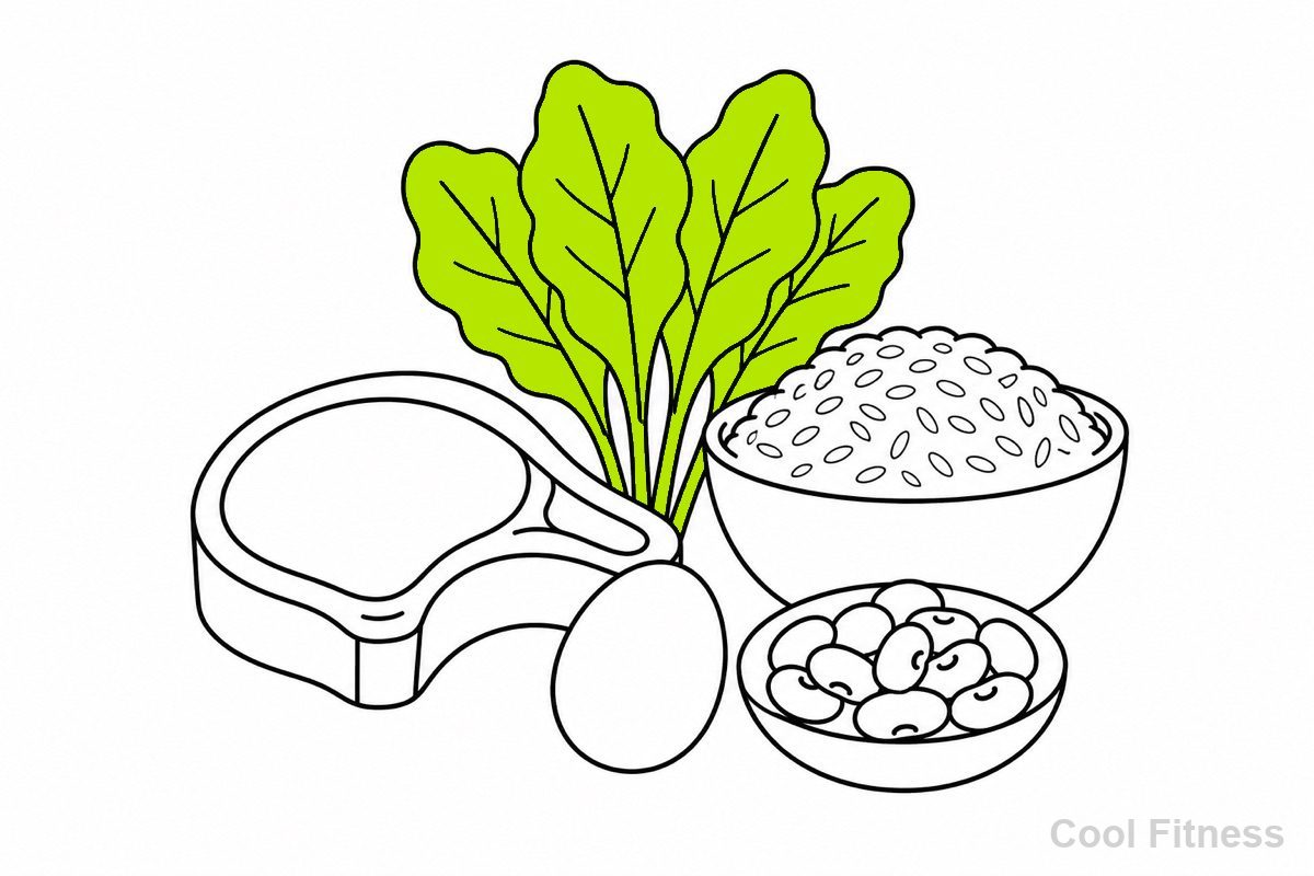 豚肉・玄米・卵・葉物などビタミンB群を多く含む食品を並べた線画イラスト